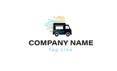 Fototapeta premium Delivery van logo with circuit board and data stream lines, symbolizing fast technology delivery, tech logistics, digital transportation, or mobile IT services
