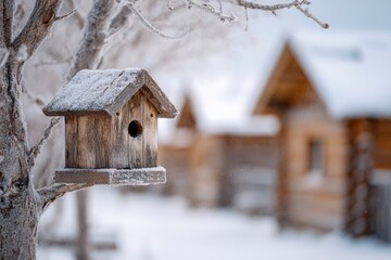 A snowdusted wooden birdhouse hangs on a frostcovered tree branch against a backdrop of blurred snowy wooden buildings