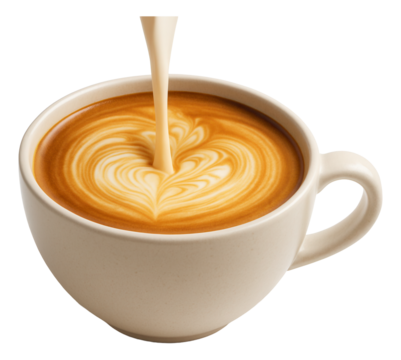 A delicate trickle of cream entering a ceramic latte cup, blending into a cloudy design.