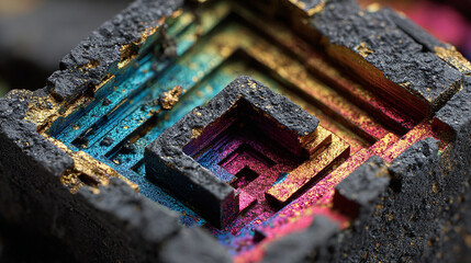 Non-Periodic Bismuth Iridescent Terraces Self-Similar Fractures, Matte Graphite Grazing Light Science Wallpaper
