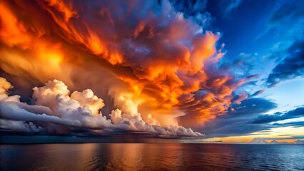 Dramatic sunset sky explodes with fiery orange and red clouds over a calm reflective ocean horizon