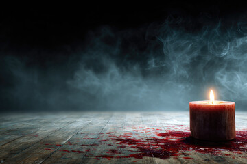 Candle blood mystery dark wooden floor smoke horror crime dramatic scene eerie suspenseful moody investigation thriller wax flame night shadow spooky ominous chilling fear suspense solitude