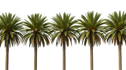 A straight line of lush green tropical palm trees in a row. A digital vector illustration isolated on a white background for summer vacation and exotic themes.