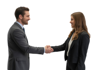 Man and woman in business attire shaking hands on black isolated on white transparent background png jpg business people clipping path cutout 2025 2026 4k full hd poster banner label download