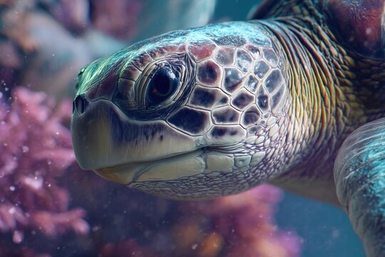 Sea turtle in the ocean surrounded by colorful corall reefs and fish. Generative Ai