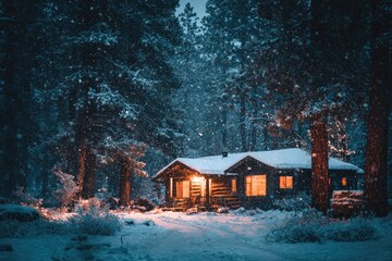 Snowy winter cabin in a forest