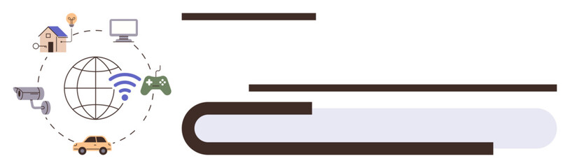 Globe with wireless signal surrounded by home, car, gaming controller, surveillance camera, light bulb, and computer. Ideal for technology, IoT, connectivity devices innovation automation