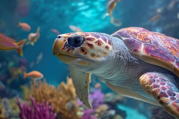 Fototapeta premium Sea turtle in the ocean surrounded by colorful corall reefs and fish. Generative Ai