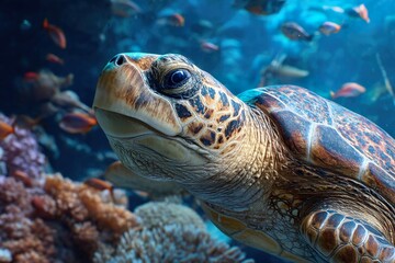 Obraz premium Sea turtle in the ocean surrounded by colorful corall reefs and fish. Generative Ai