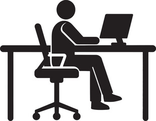 office worker sitting at desk and working on computer icon, businessman at a workstation silhouette vector graphic
