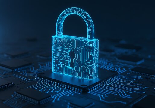 Digital padlock on a circuit board, cybersecurity concept