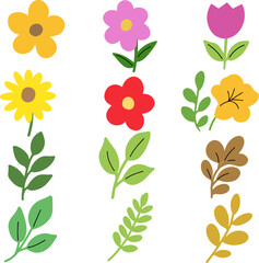 Colorful Hand-Drawn Doodle Flowers and Leaves Set in Flat Style