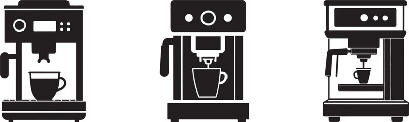 coffee machine icon set, collection of espresso makers for cafe and kitchen, vector silhouette.