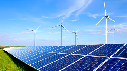 Solar Panels and Wind Turbines Coexisting in a Green Field on a Sunny Day