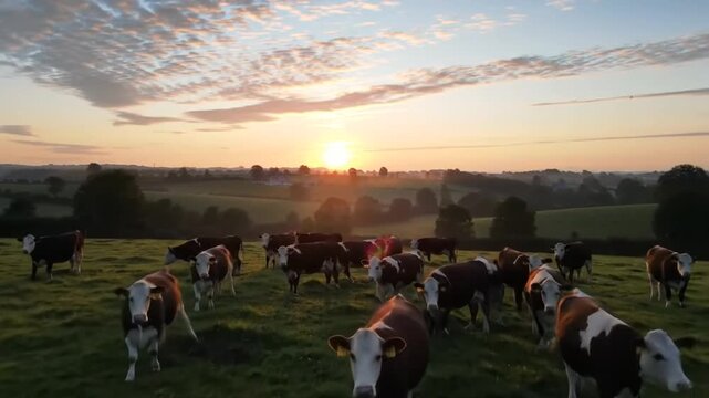 Sunrise over idyllic farm with cows grazing peacefully on pasture
