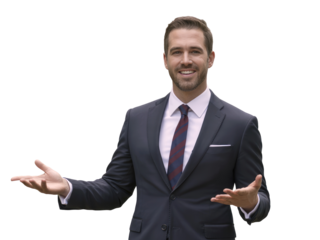 Smiling man in dark suit with striped tie gestures with open isolated on white transparent background png jpg business people clipping path cutout 2025 2026 4k full hd poster banner label download