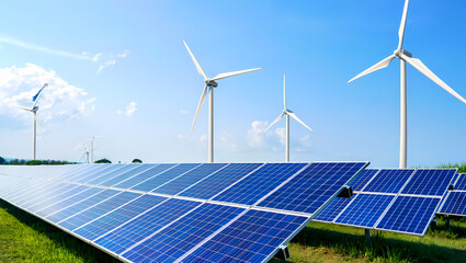 Solar Panels and Wind Turbines Coexisting in a Green Field on a Sunny Day