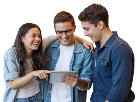 Three young adults a woman and two men smiling while looking at isolated on white transparent background png jpg business people clipping path cutout 2025 2026 4k full hd poster banner label download