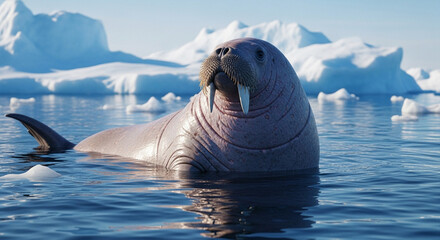  Gentle walrus at the Arctic edge: a dreamlike close-up amidst shimmering ice and endless polar waters.