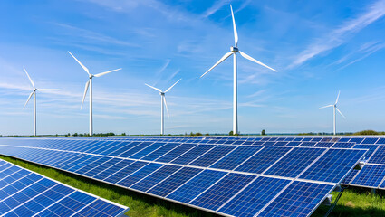 Solar Panels and Wind Turbines Coexisting in a Green Field on a Sunny Day