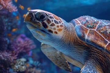 Fototapeta premium Sea turtle in the ocean surrounded by colorful corall reefs and fish. Generative Ai