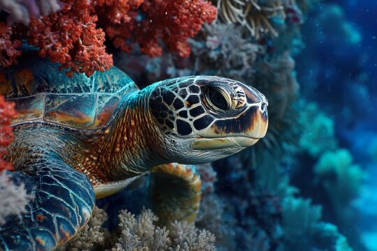 Sea turtle in the ocean surrounded by colorful corall reefs and fish. Generative Ai