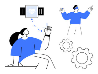 Fitness tracker transmitting data, person gesturing in interaction, abstract gears representing settings. Ideal for technology, fitness, connectivity, innovation, tracking, teamwork simple landing