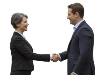 Woman with short gray hair in black suit shakes hands with man isolated on white transparent background png jpg business people clipping path cutout 2025 2026 4k full hd poster banner label download