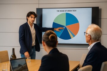 Dynamic presentation on green technology adoption, engaging diverse audience in modern office setting promoting sustainable business practices