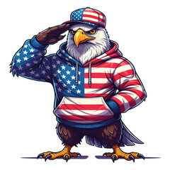 a bald eagle wearing an american flag hoodie and cap saluting proudly isolated on white background