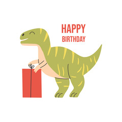 Birthday card with dinosaur. Flat design, vector illustration.