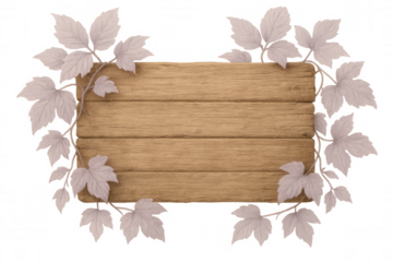 Wooden sign with copy space decorated with pink leaves on transparent background, ideal for nature-themed designs