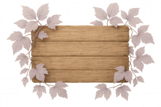 Wooden sign with copy space decorated with pink leaves on transparent background, ideal for nature-themed designs