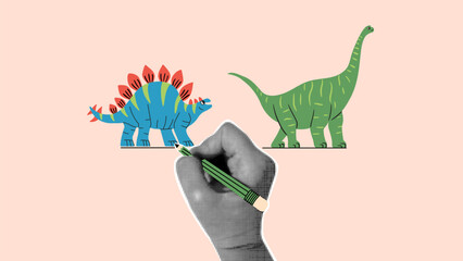 Dino art concept illustration. A halftone hand drawing a stegosaurus and brachiosaurus. © Aliaksandra