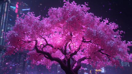 Dreamy Futuristic Cherry Blossom Tree with Neon Cityscape Backdrop