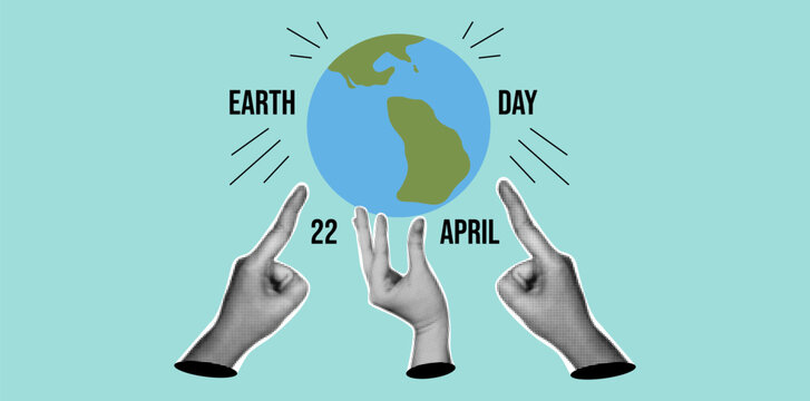 Earth day retro halftone design. Hands reaching for a globe illustration with the words Earth Day, 22 April. Perfect for banners, posters, and social media content.