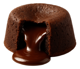 Molten chocolate lava cake with a gooey center spilling out from a precise cut.