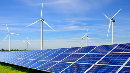 Solar Panels and Wind Turbines Coexisting in a Green Field on a Sunny Day