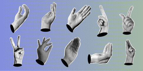 Various hand gestures in halftone style. Different vintage hands.