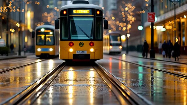 Rainy urban evening with trams on gleaming tracks and bokeh lights