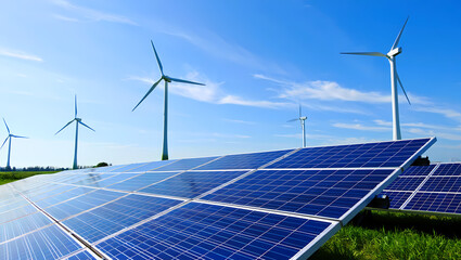 Solar Panels and Wind Turbines Coexisting in a Green Field on a Sunny Day