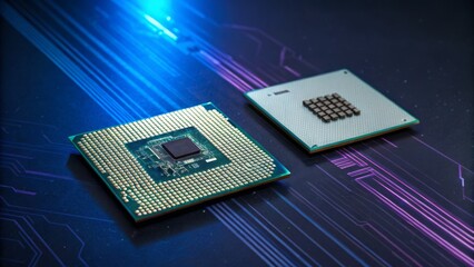 Two computer processors are featured against a futuristic background, illustrating technology and innovation in computing.
