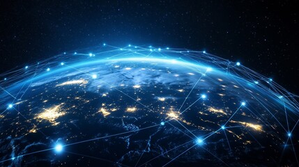 A global digital network encompassing planet Earth, with bright blue streams of light symbolizing connections and information exchange