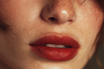 Naklejka premium Close-up of a woman's lips with vibrant red lipstick and freckled skin showcasing natural beauty and makeup details
