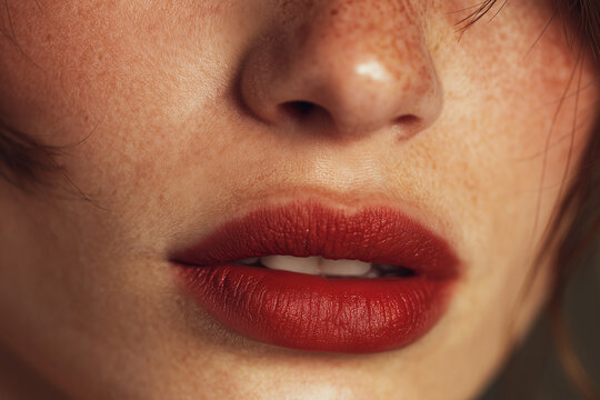 Close-up of a woman's lips with vibrant red lipstick and freckled skin showcasing natural beauty and makeup details