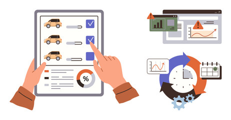 Hands selecting cars on a tablet list with checkboxes, graphs on screens, analytics tools, and process flow plus gear icons. Ideal for logistics, fleet management, planning, data insights, monitoring