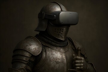 Fototapeta premium Medieval Knight in Armor Wearing a Modern VR Headset