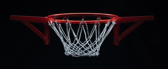 The basketball hoop suspended against a dark background.