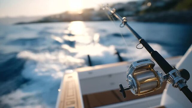 Fishing on a Yacht with Reel and Calm Water Reflections