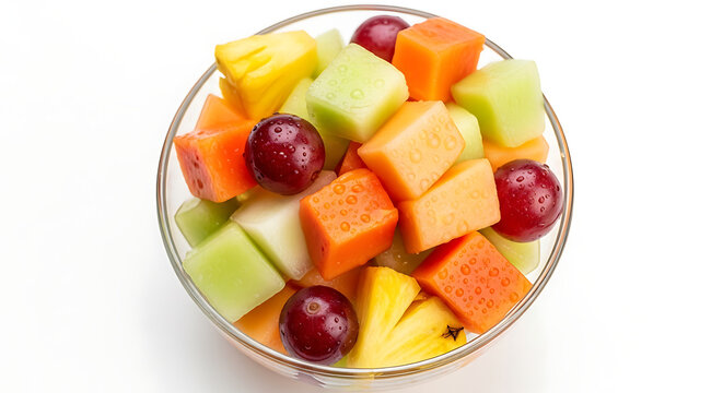 A refreshing bowl of mixed fresh fruit salad, including melon, pineapple, and cherries, isolated on white background